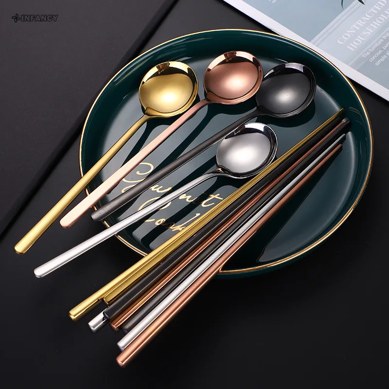 Korean Long Handle Chopsticks Round Head Spoon 304 Stainless Steel Solid Color Cutlery Set Home Tableware Kitchen Utensils