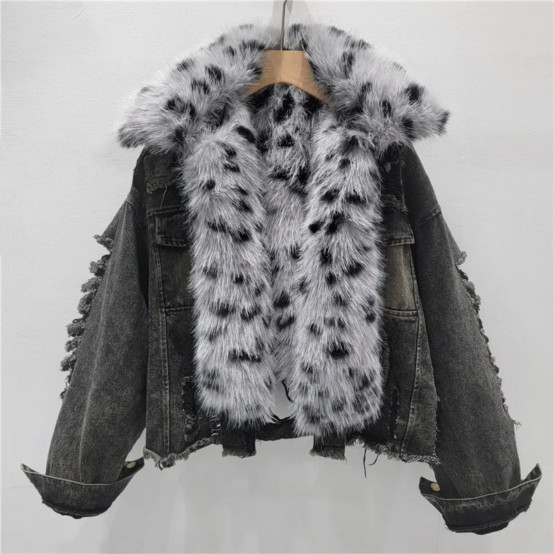 

Denim Meets Wild. A cropped, insulated jacket with a statement leopard fur collar & edgy distressed details.