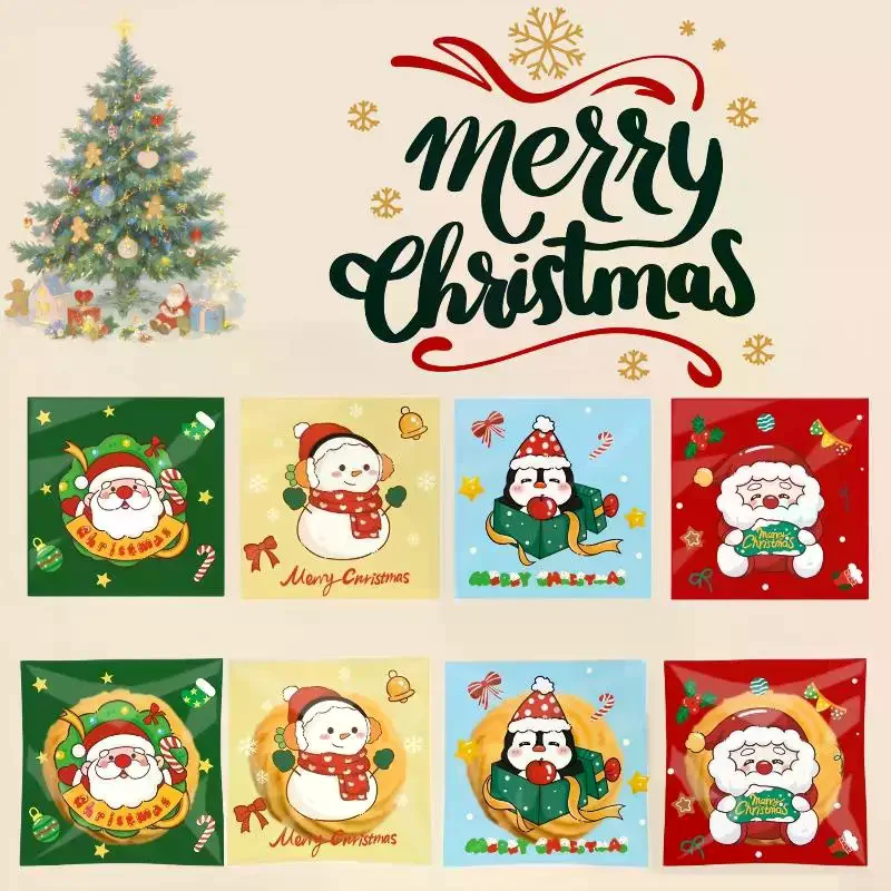 100Pcs Christmas Gift Bags Cartoon Santa Xmas Tree Designs Transparent Self-Adhesive Cookie Bags For Christmas Decorations