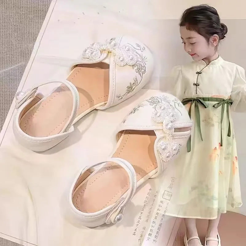 New Summer Girls Embroidered Wrap-around Sandals Children Soft-soled Hanfu Princess Casual Shoes Kids Breathable Mary Jane Flats
