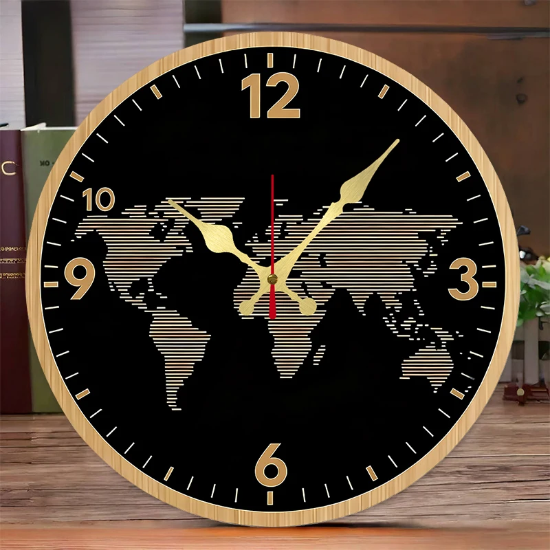 Orologio da parete sospeso silenzioso rotondo in legno a tema mappa del mondo, adatto per soggiorno, ufficio, sala studio, camera da letto, decorazione domestica