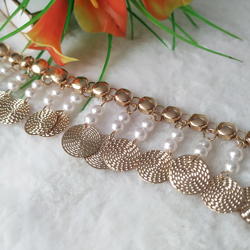 

2-ярдовая золотая металлическая этническая цепочка из гальванизированного сплава с жемчугом для украшения юбок и платьев