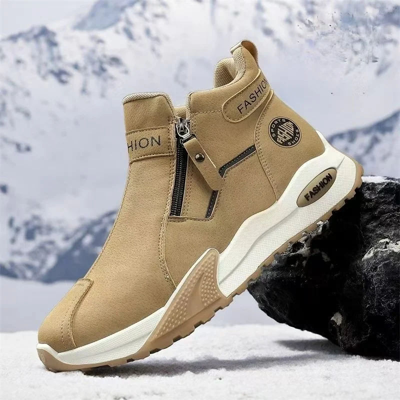 

Men Winter New Leather Thick Sole Ankle Snow Boots Thicken Plush Keep Warm Waterproof Non slip High Top Zippers Cotton Boots