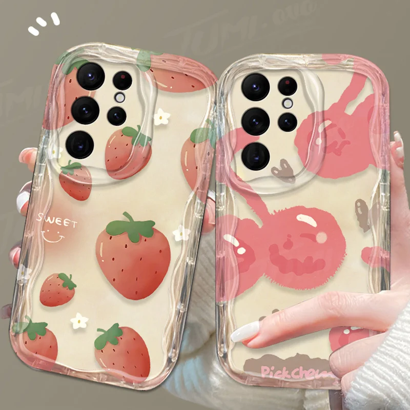 Strawberry Orange Fruit 3D Wave Case For Samsung Galaxy S24 Ultra S23 S22 Plus S21 S20 FE A25 A55 A35 5g Clear Silicone Cover