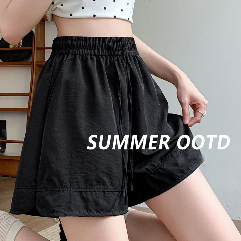 Women's Solid High Waist Casual Shorts Summer Lightweight Breathable Versatile Shorts Woman Loose Fit Wide Leg Drawstring Shorts