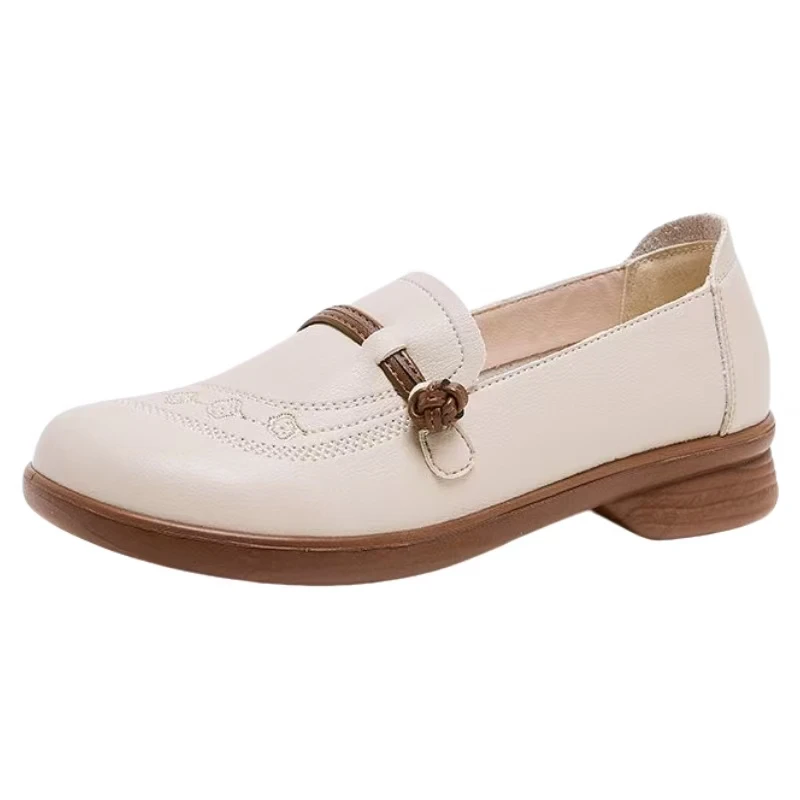 

Women Real Leather Flat sole Work Shoes Spring Autumn New Soft sole Round Toe Slip On Middle Aged And Elderly Casual Nude Shoes