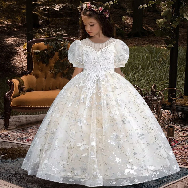 Gorgeous Long sleeved Party Dress Elegant Girl Cocktail Prom Dress Stage Performance Dress Suitable for Girls Aged 8-12