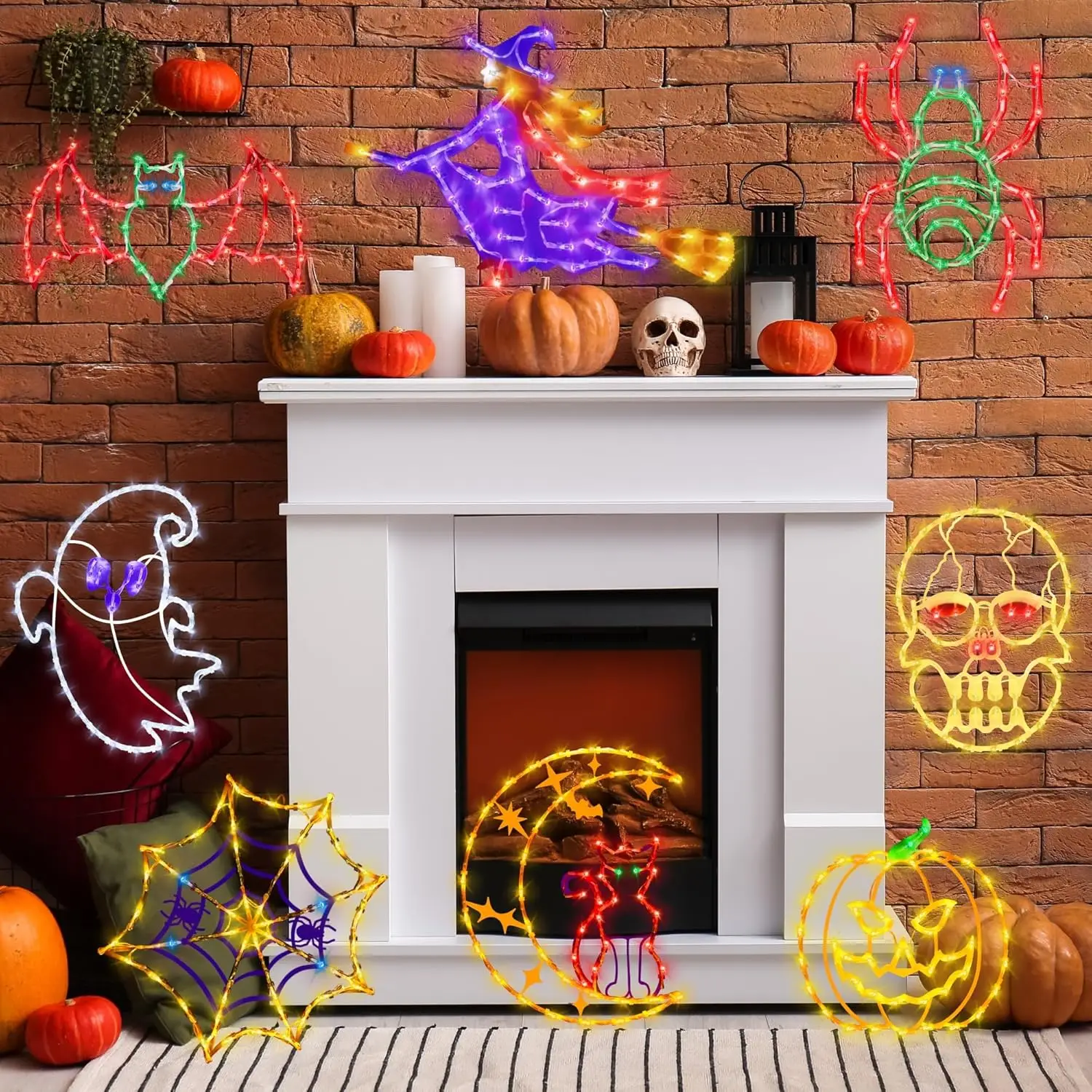 

4 Pack Colour Lighted Bats & Ghost & Spider & Skull Head for Holiday Indoor and Outdoor Wall Door Window Decorate