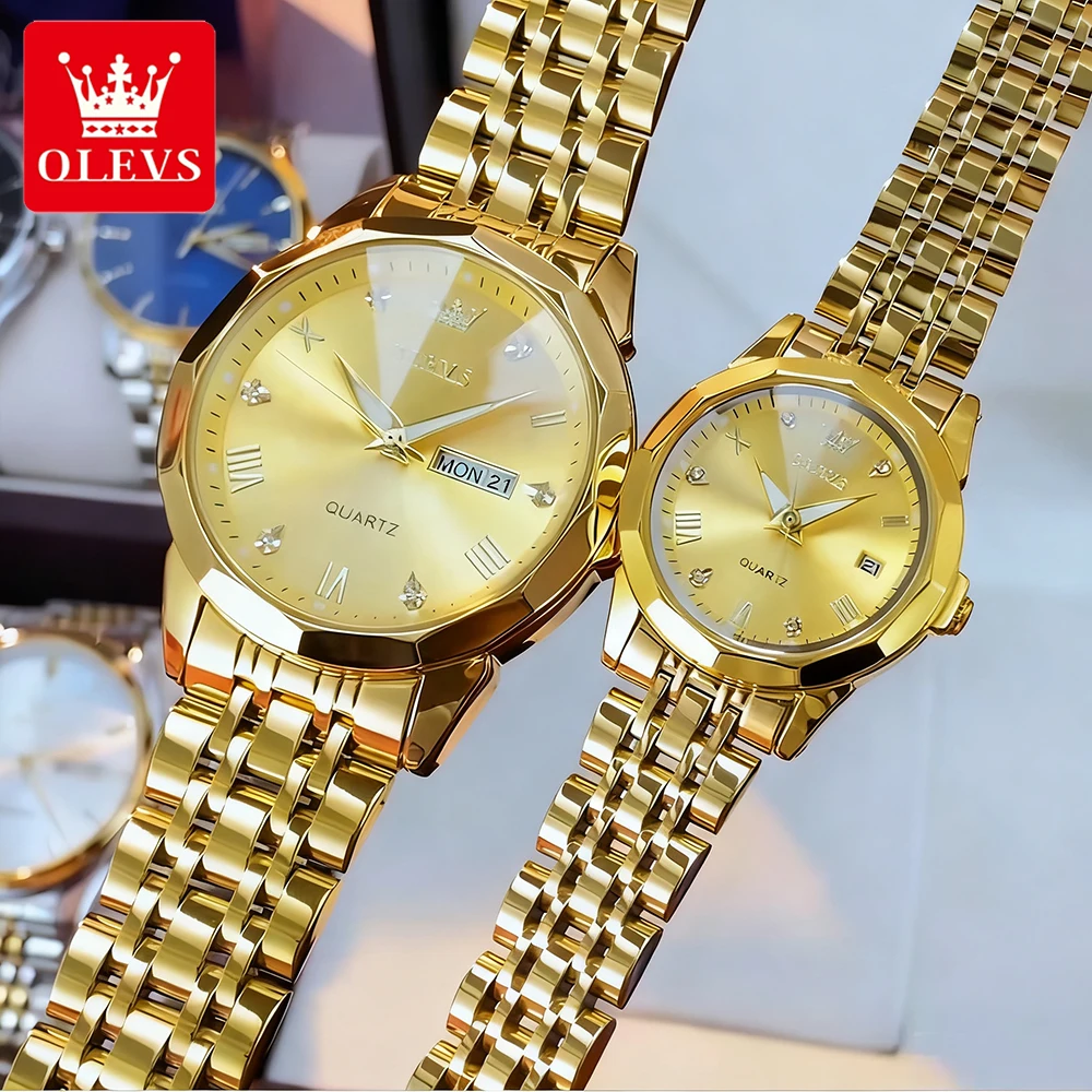 OLEVS ساعات الزوجين الذهبية الفاخرة الفولاذ المقاوم للصدأ الفولاذ المقاوم للصدأ الأصلي كوارتز ساعة اليد مقاوم للماء مضيئة تاريخ الأسبوع 9931cp #2