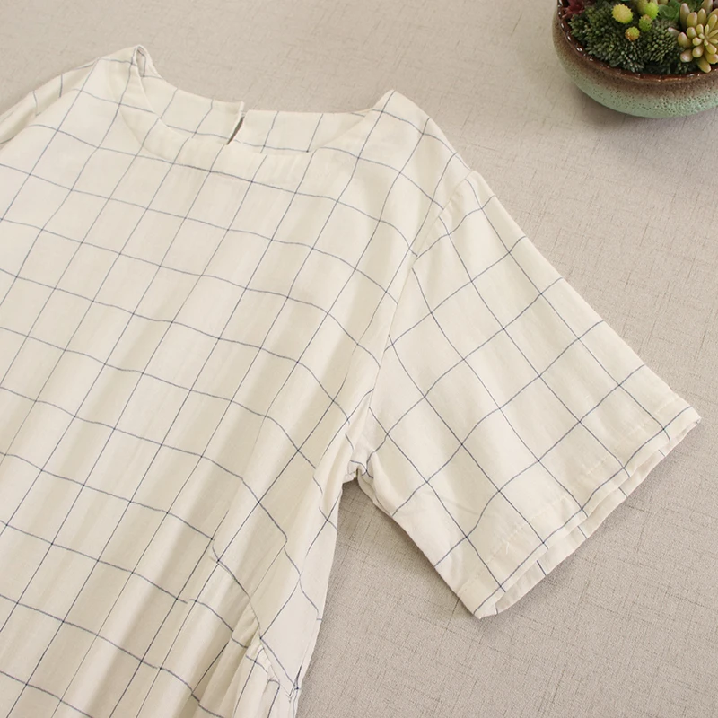 Japonês vintage mori menina xadrez dupla camada de fio de algodão vestido feminino verão novo o-pescoço manga curta casual solto midi vestidos