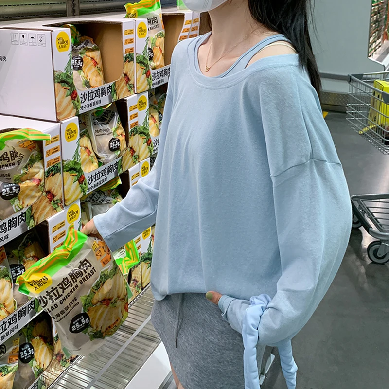 두 조각 정장 여성 긴 소매 들어 갔어 Tshirt 캐주얼 라운드 넥 느슨한 Overshirt 여성 여름 모든 경기 솔리드 컬러 T 셔츠