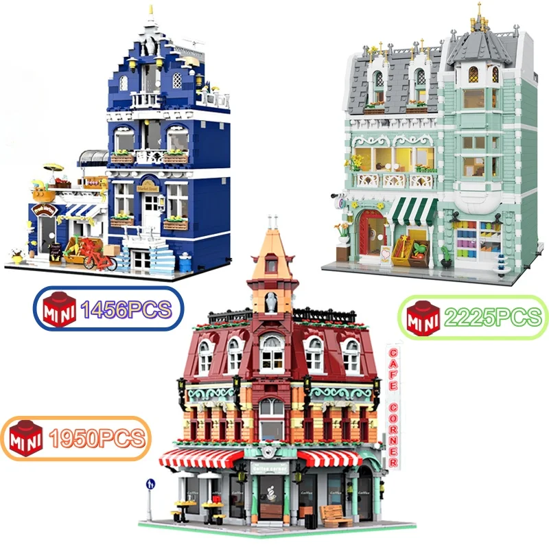 European Street Scene Architecture Creative Micro Building Blocks Coffee Shop Market Store Adult Kid Christmas Birthday Gifts