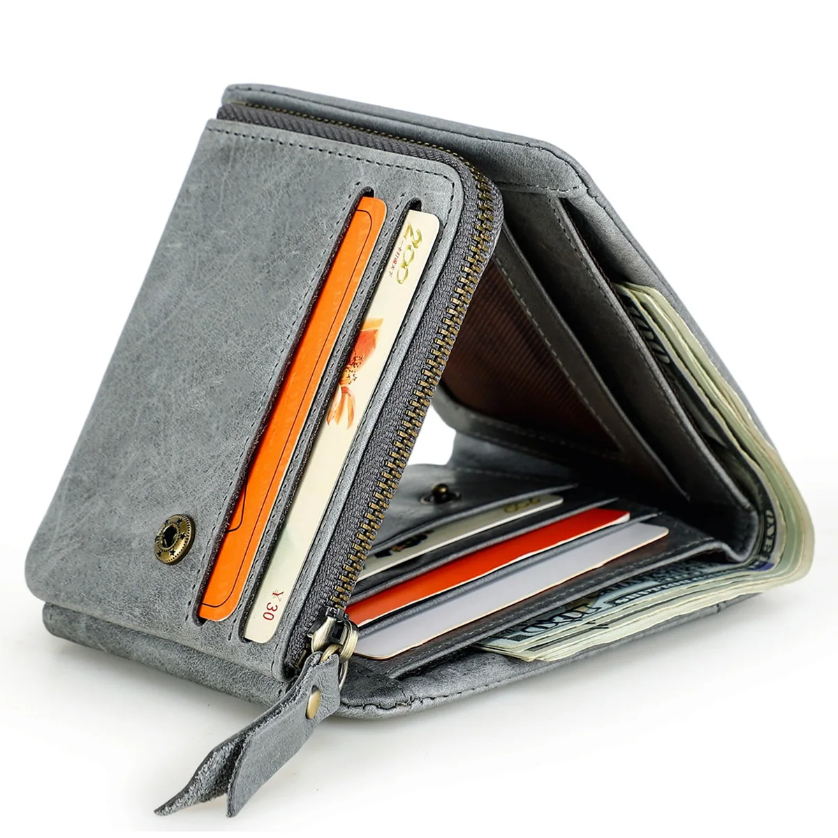 CONTACT'S Genuine Crazy Horse Leather Men Wallets Vintage Trifold