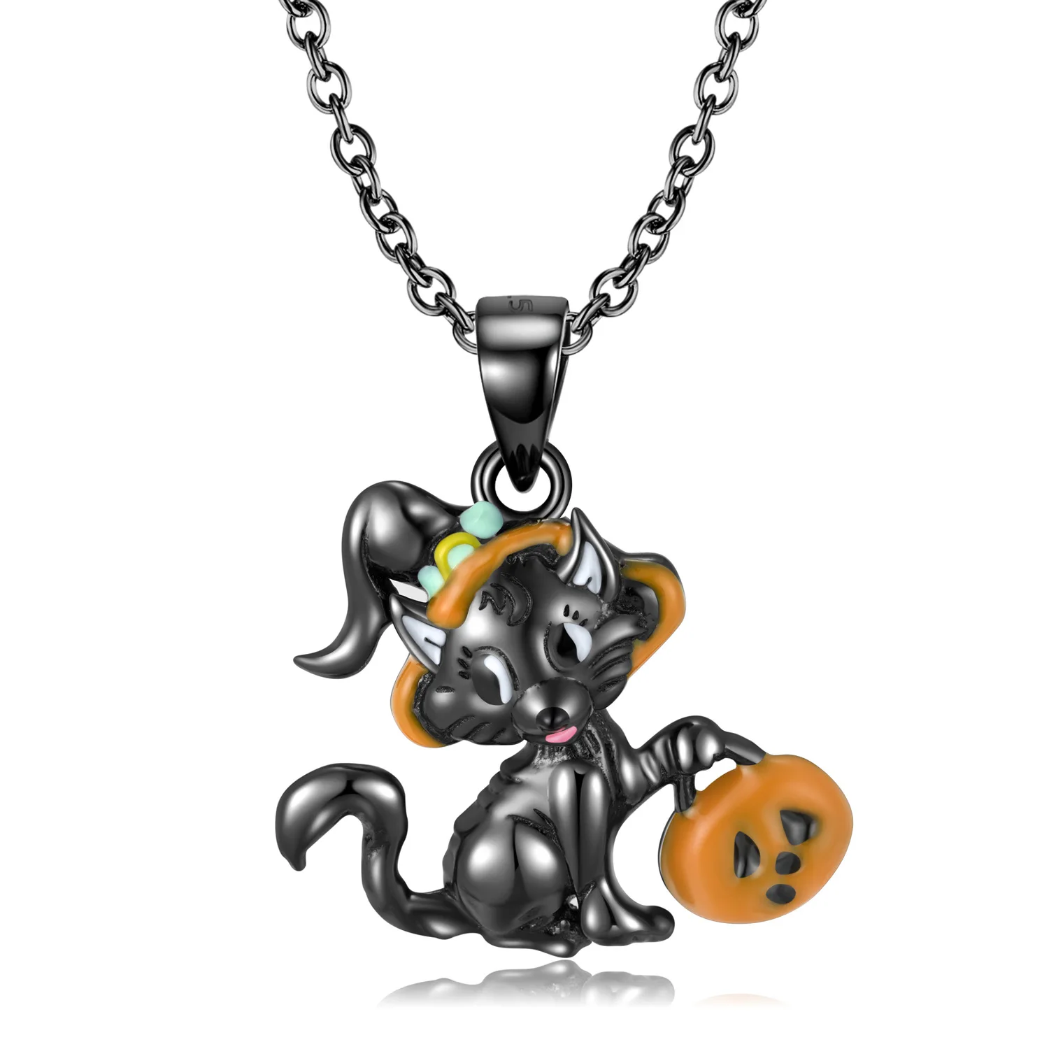 

Europe America A Black Cat Wearing A Witch Hat Drip Glaze Pumpkin Necklace UNISEX Halloween Happy Night High End Party Necklace