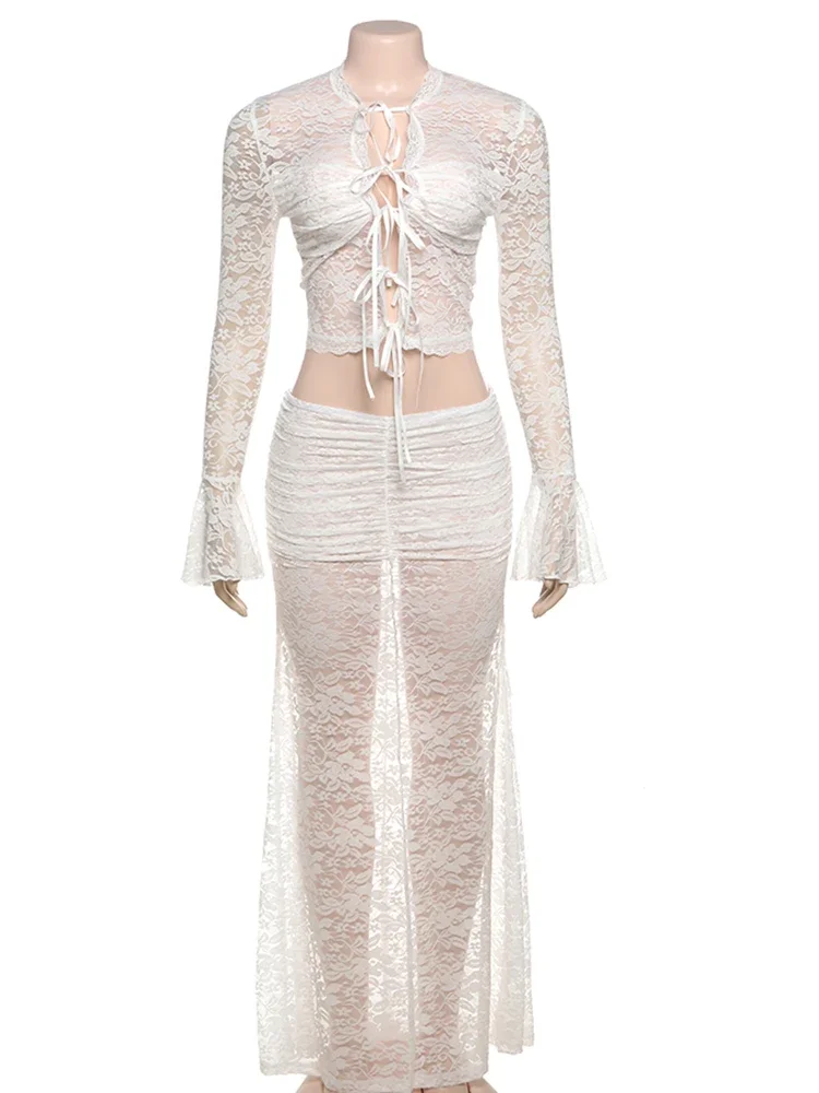 

Sisterlinda Lace Embroidery 2 Piece Set Fashion Sexy Sheer Bandage Ruffle Sleeve V-neck Tops+Shirring Maxi Skirts French Suits