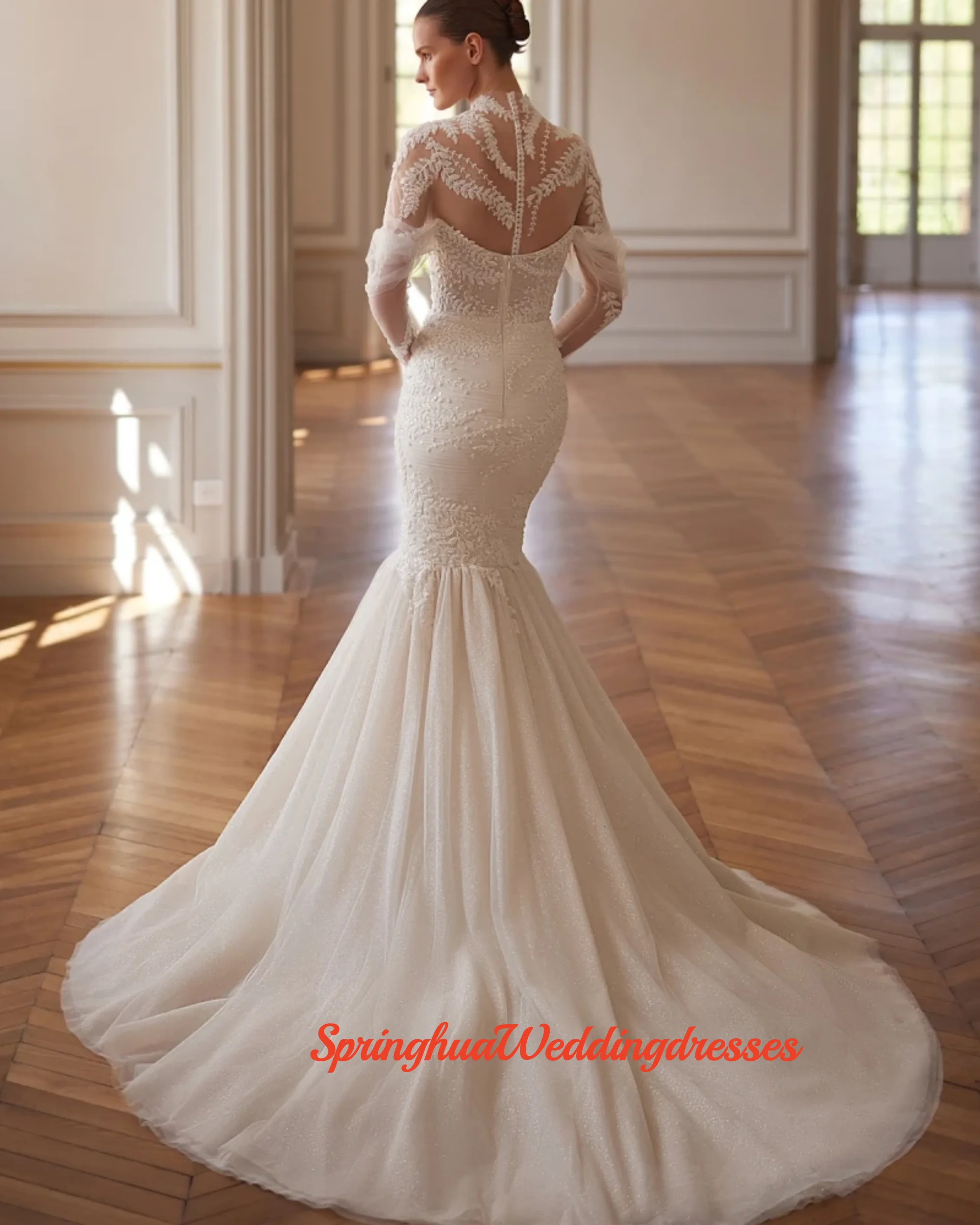 Vestido de novia largo de sirena con cuentas brillantes personalizado con chaqueta desmontable elegante Apliques de encaje vestidos de novia para novia