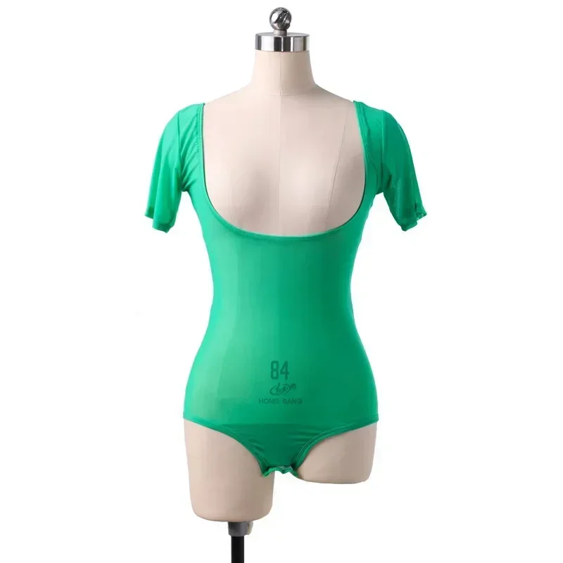 Women Upper Arm Shaper Chest Support Sexy Transparent Top Dancer Basic Wear Short Sleeve Sheer Open Bust  Leotard Jumpsuit Crop