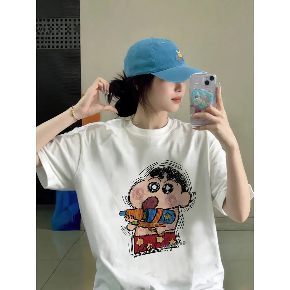 Crayon Shin Chan Water Gun Print Casual T Shirt Cute Anime Short Sleeve Tee Streetwear Daily Wear