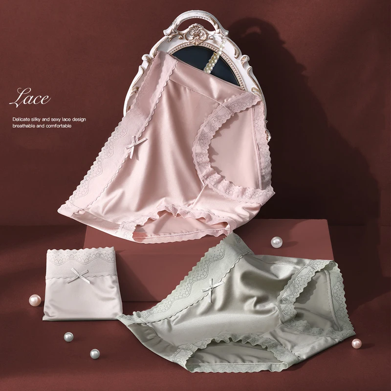 Sexy Lace Seamless Panties Women Silk Underwear Solid Mid-Waist Nylon Underpants Ladies Briefs Cotton Crotch Female Lingerie