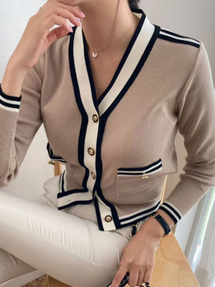 OCEANLOVE Simple Fashion Autumn Winter Clothes Women Cardigans Contrast Color Vintage Korean Sweaters V Neck Chaqueta Mujer