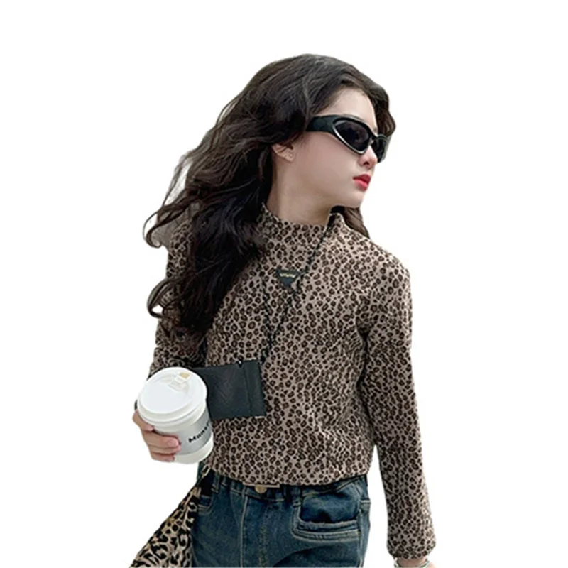 

Cool Stylish Kids Long Sleeve Tee Shirt Leopard Print T-shirt For Girls Fashion Street Wear Tshirt Children High Streetwear 5-14