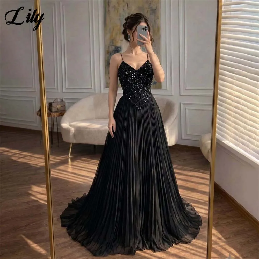 Lily Black Party Dresses Pleated A Line Evening Dress with Beaded Bodice فساتين السهرة Spaghetti Strap Gala Dress Customized