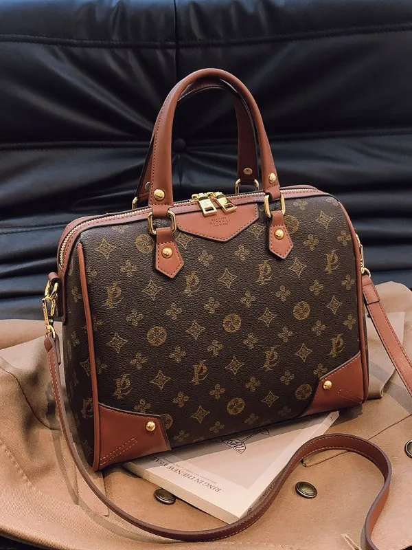 

Luxury Inspired Vintage Monogram Boston Bag, Convertible Adjustable Crossbody Strap Casual Handbag for Work & Travel