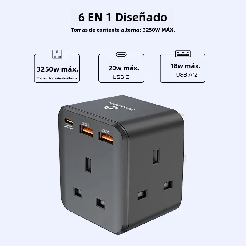 Adaptador de Carga 6 en 1 de 3250W Máx. para Viajes/Hogar, Estación de Carga de Escritorio Segura para Bebés, Compatible con iPhone, Samsung, iPad, Laptops y Otros Dispositivos