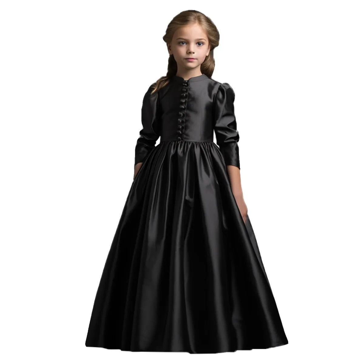 È Yiiya Abito da ragazza di fiore modesto personalizzato Vino rosso Raso Collo alto Bottoni Maniche a 3/4 A-line Lunghezza pavimento Abito per bambini T059