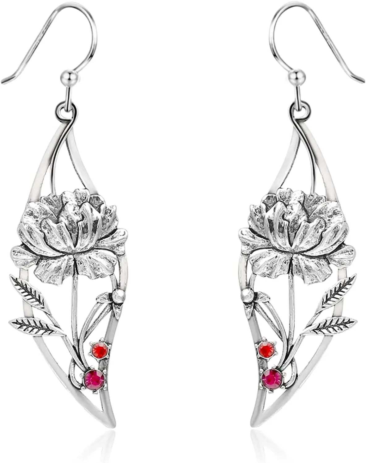 

Boho Metal Hand Carved Flower Leaf Drop Hook Earrings with Red Garnet Dangle Earrings for Women