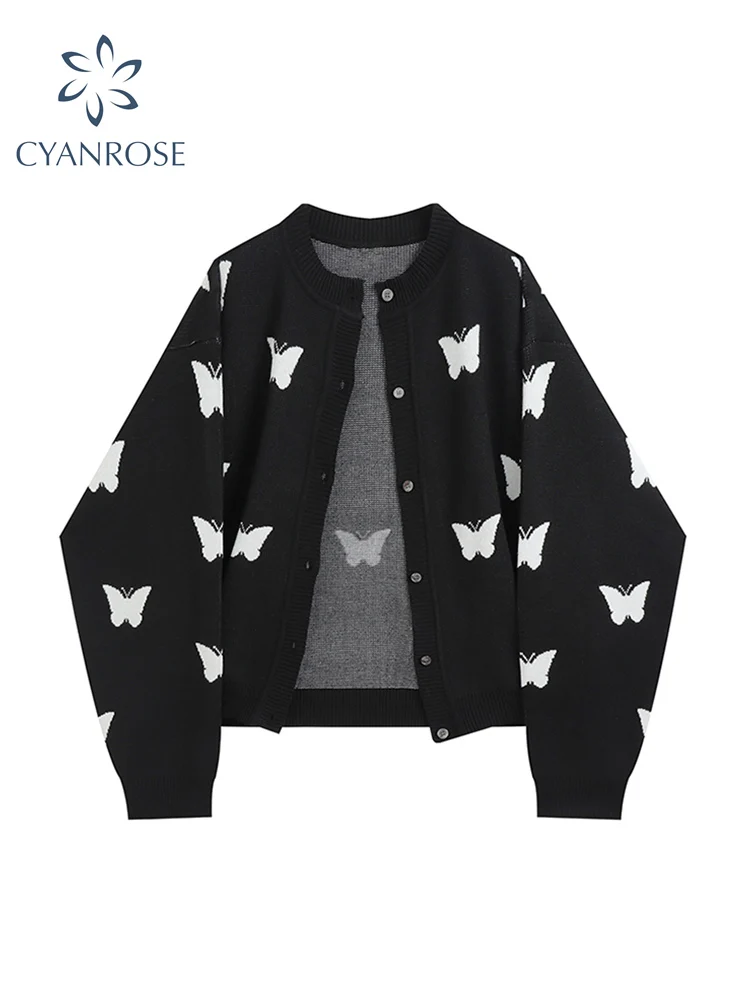 Korean Fashion Y2k Cardigan Women Butterfly Pattern Autumn Vintage Harajuku Long Sleeve Gothic Black Loose Casual Female Sweater