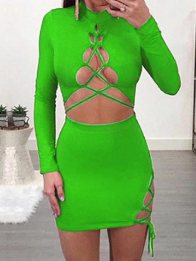 Sexy Cross Bandage Hollow Out Elastic Slim Bodycon Dress Women Long Sleeved Solid Color Mini Dress Evening Club Party Vestidos