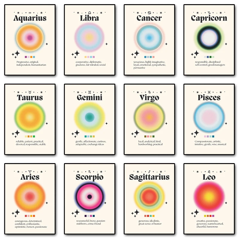 Póster de impresión de constelación de Aura gradiente, pintura en lienzo de Leo, Libra, Aries, Virge, arte de pared, imagen del zodiaco, regalo de cumpleaños, decoración de habitación
