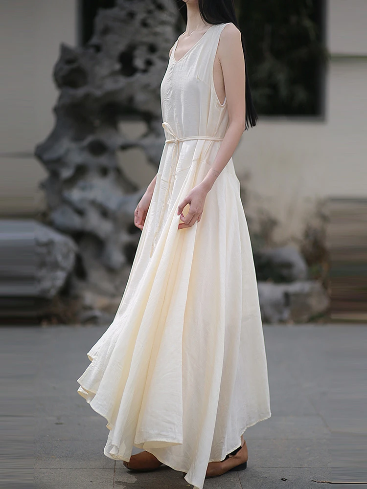 المرأة فستان طويل غير رسمي جديد 2025 الصيف خمر الخامس الرقبة بلون فضفاض مريح الإناث أكمام فساتين عطلة T591 #3