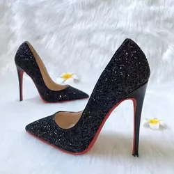 Black high heels, women's shoes, slim heels, spring/summer new sequin banquet pointed professional sexy women's singles shoes