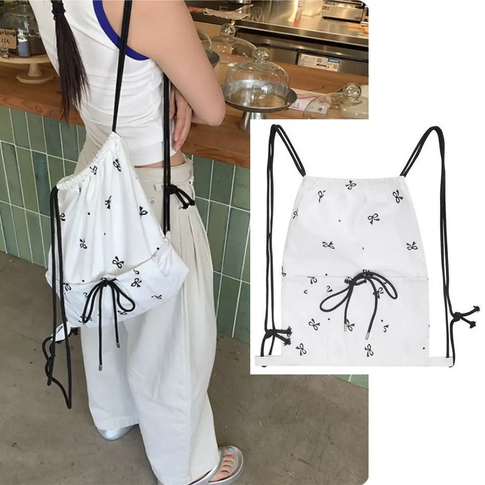 

Korean Style Bow Drawstring Backpack Large Capacity White Light Weight Shoulders Bag Travel Sweet Student School Bag Girls