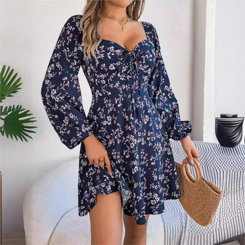 Spring & Autumn casual sexy lace up square neck floral long sleeved dress 2024 women's slim fit retro mini dresses vestido