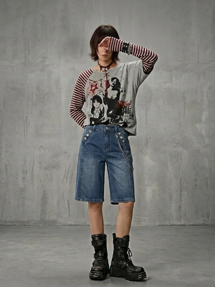 REDDACHiC Y2K Woman's Straight Jean Shorts Punk Do Old Buttons Decor Asymmetric Pockets Bermuda Denim Shorts Retro Streetwear