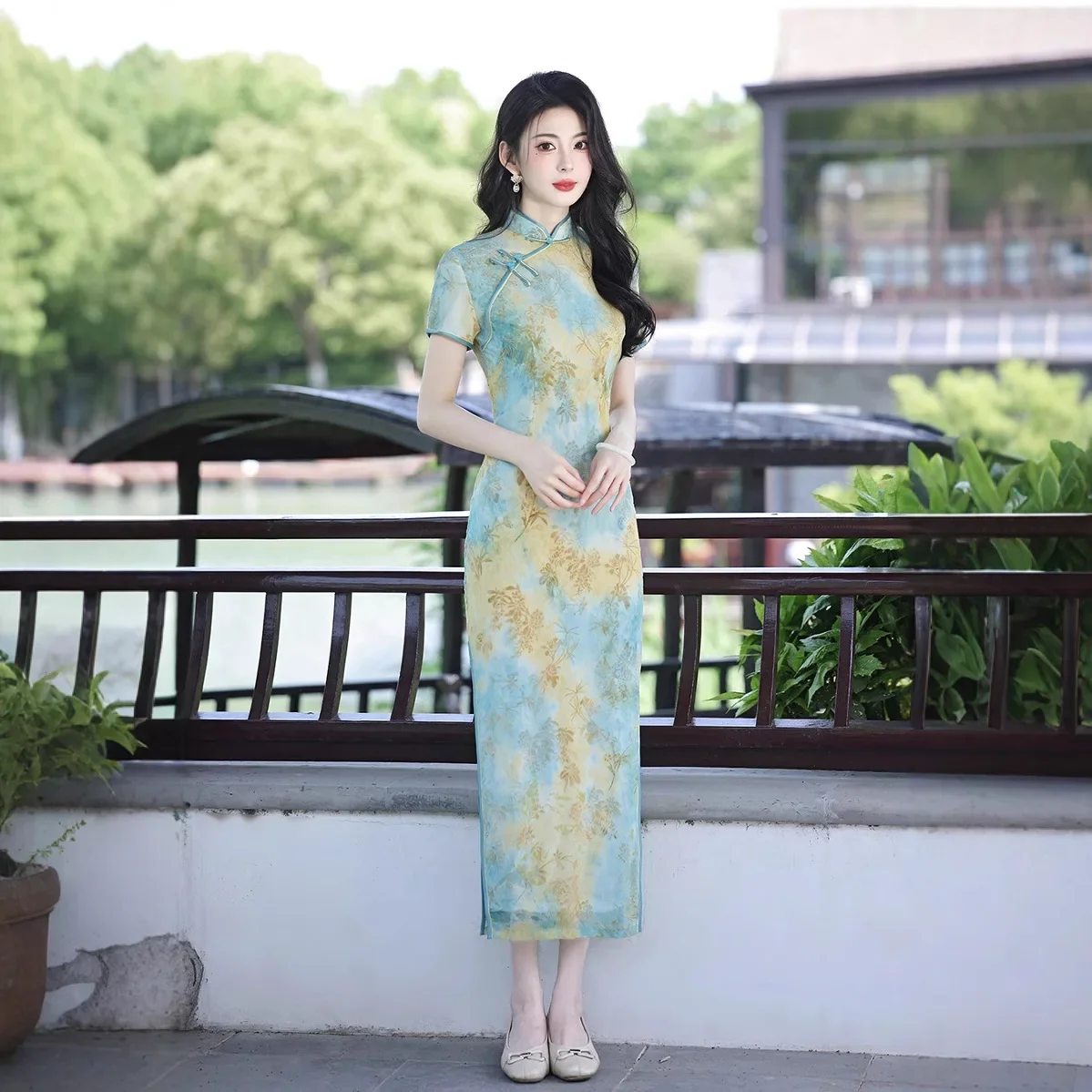 

Новое двухслойное плюшевое платье Cheongsam в национальном стиле, лето-осень 2021, новое китайское длинное платье Ципао для свадебного банкета и выступления ﻿