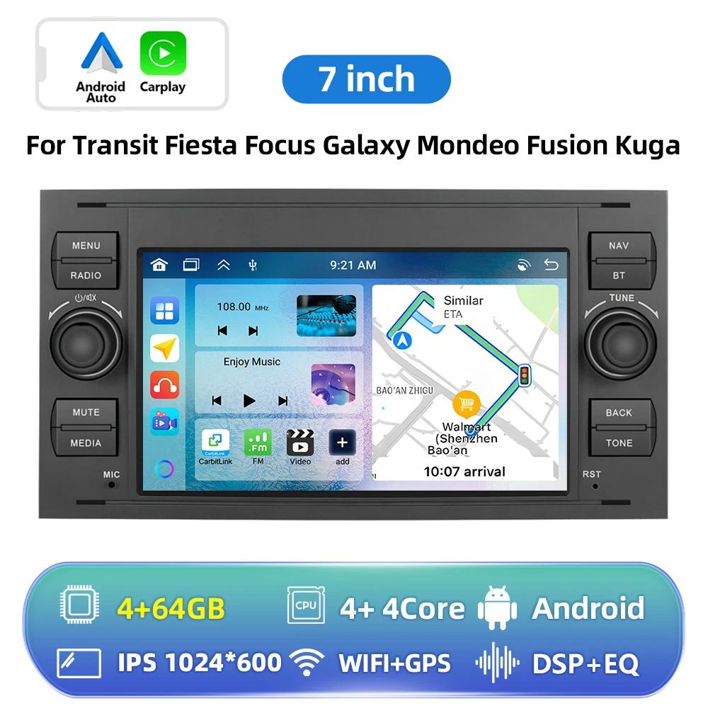 Podofo 7-Zoll Carplay Android Autoradio mit GPS-Navigation für Ford Focus Transit Fiesta Galaxy Mondeo Fusion Kuga C-Max Multifunktionales Auto-Stereo