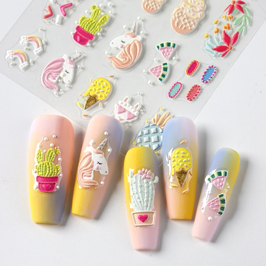 Adesivi per unghie gelato in rilievo 5D Simpatico cartone animato Ciambella Biscotto Torta Disegni Cibo estivo Nail Art Cursori adesivi Decalcomanie Decor