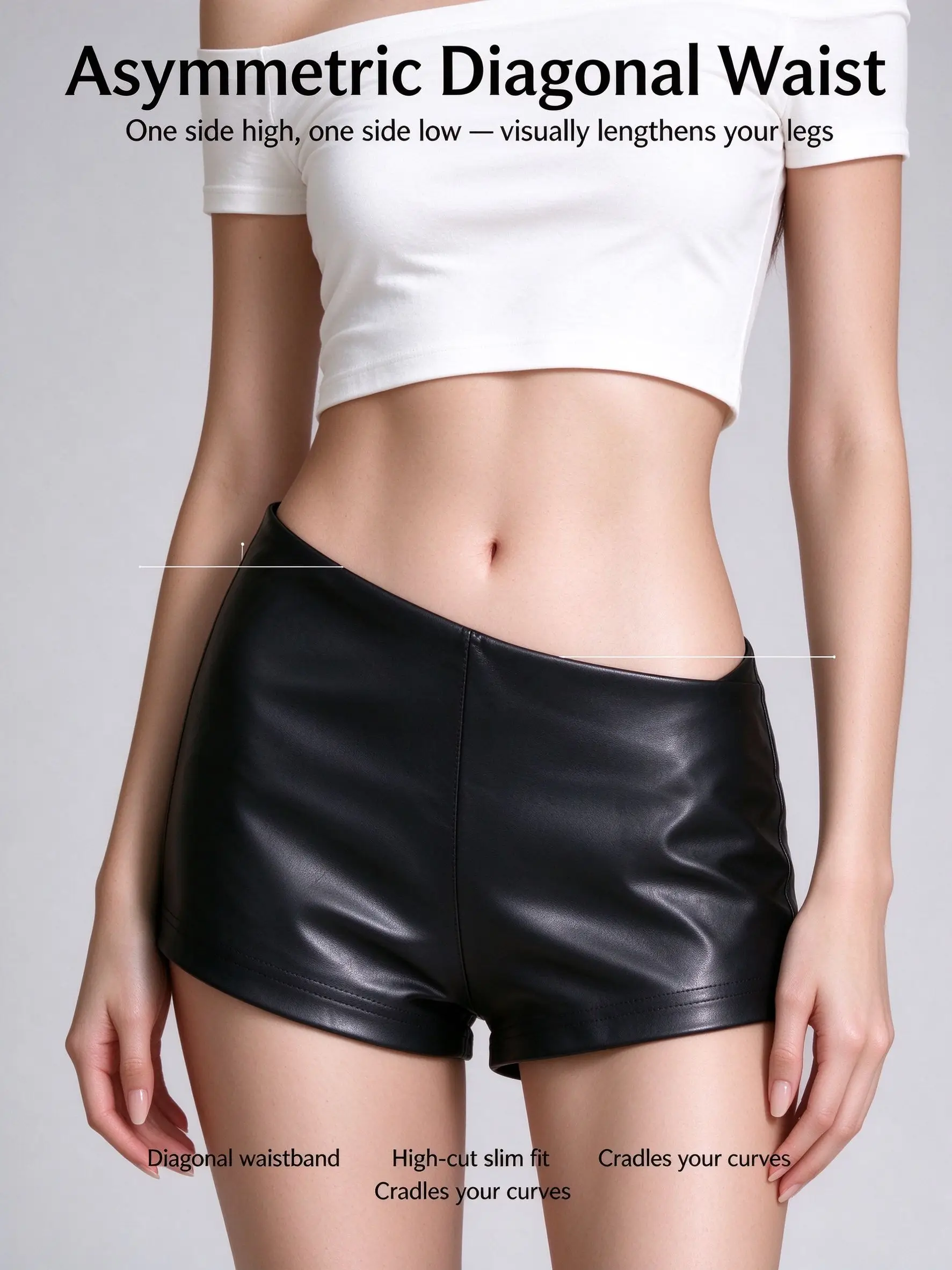 Women Sexy Asymmetrical Waist Low Rise Stretchy Tight Bodycon Faux Leather Shorts - Clubwear Party Hot Short Pants