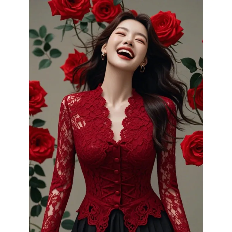 

Женский красный кружевной корсет с длинным рукавом и пуговицами спереди, официальная блузка