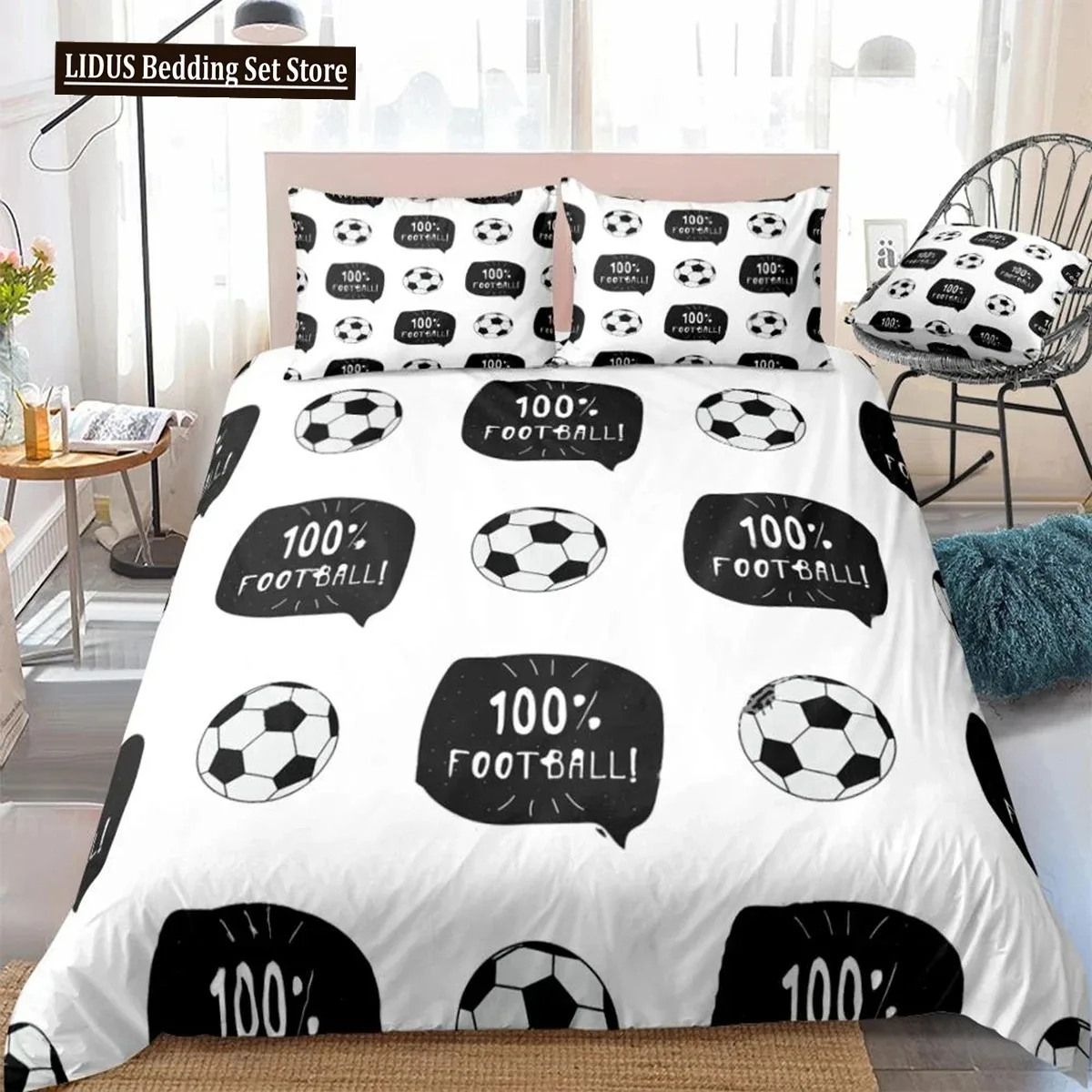 

3 Pieces Football Duvet Cover Set Sports Ball Bedding Boys Teens Black White Quilt Cover Queen Bed Set Balls Dropship