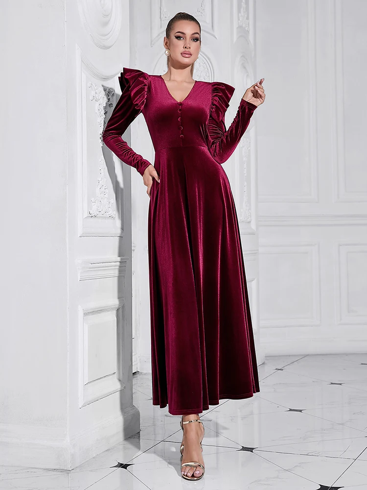 

Sexy V Neck Ruffles Long Sleeve A-line Long Dress Women Wine Red Velvet Button Slim Dresses Cocktail Evening Club Party Gowns