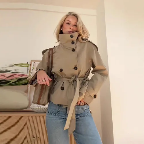 2025 nuevo otoño mujer elegante cuello alto doble botonadura con cinturón cintura recortado gabardina hombro Casual calle prendas de vestir exteriores