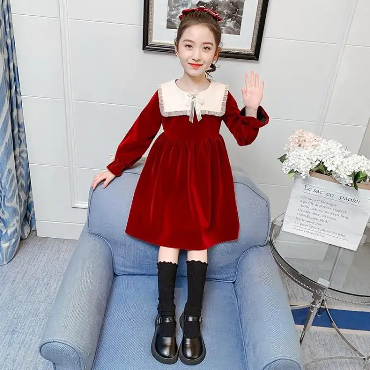 Modern Velvet Dress for Girls Spring Autumn Kids Christmas Dress Outfit Red Black Teenage Girls Clothing 4 6 7 8 9 11 14 Years