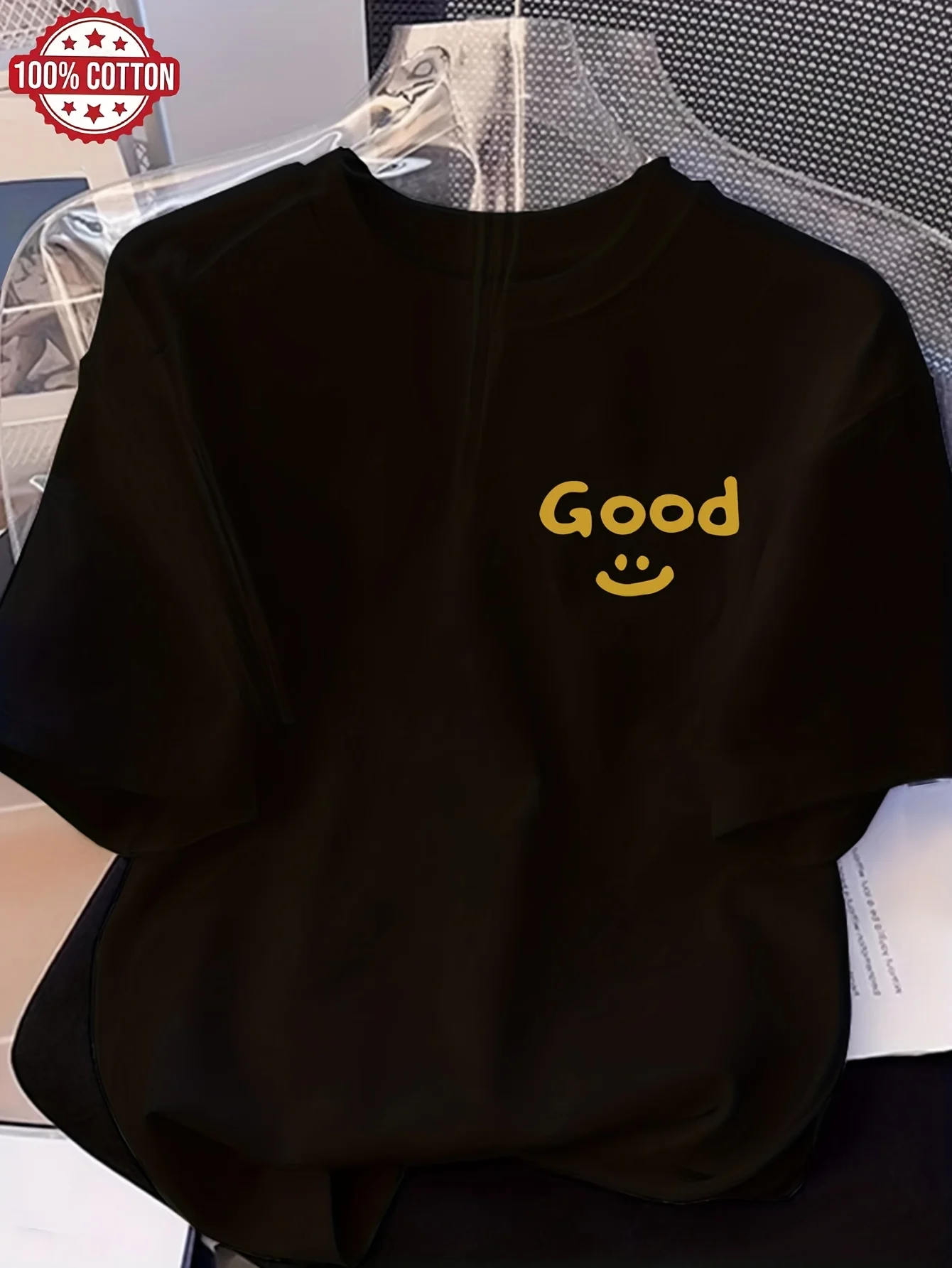 Good Smiling Face Printed T-shirt for Men and Women, Retro Personalized Round Neck Personalized Short Sleeved Casual Fashion Top