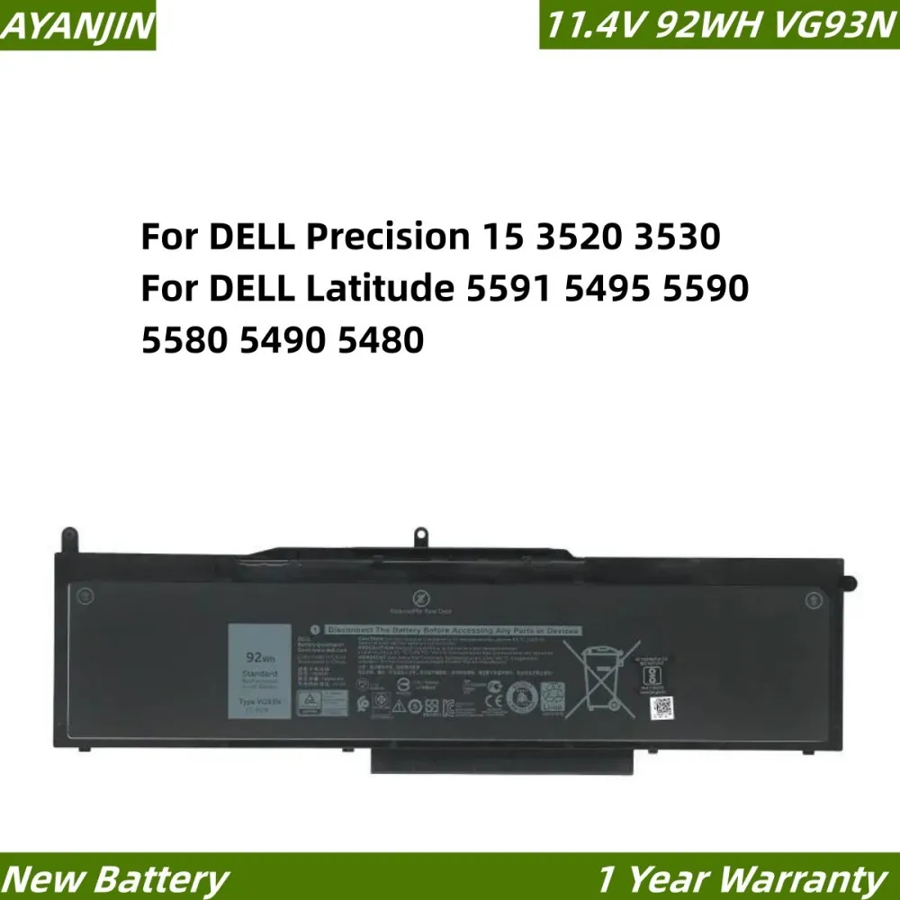 

New VG93N 11.4V 92WH/8000mAh Laptop Battery For DELL Precision 15 3520 3530 For DELL Latitude 5591 5495 5590 5580 5490 5480