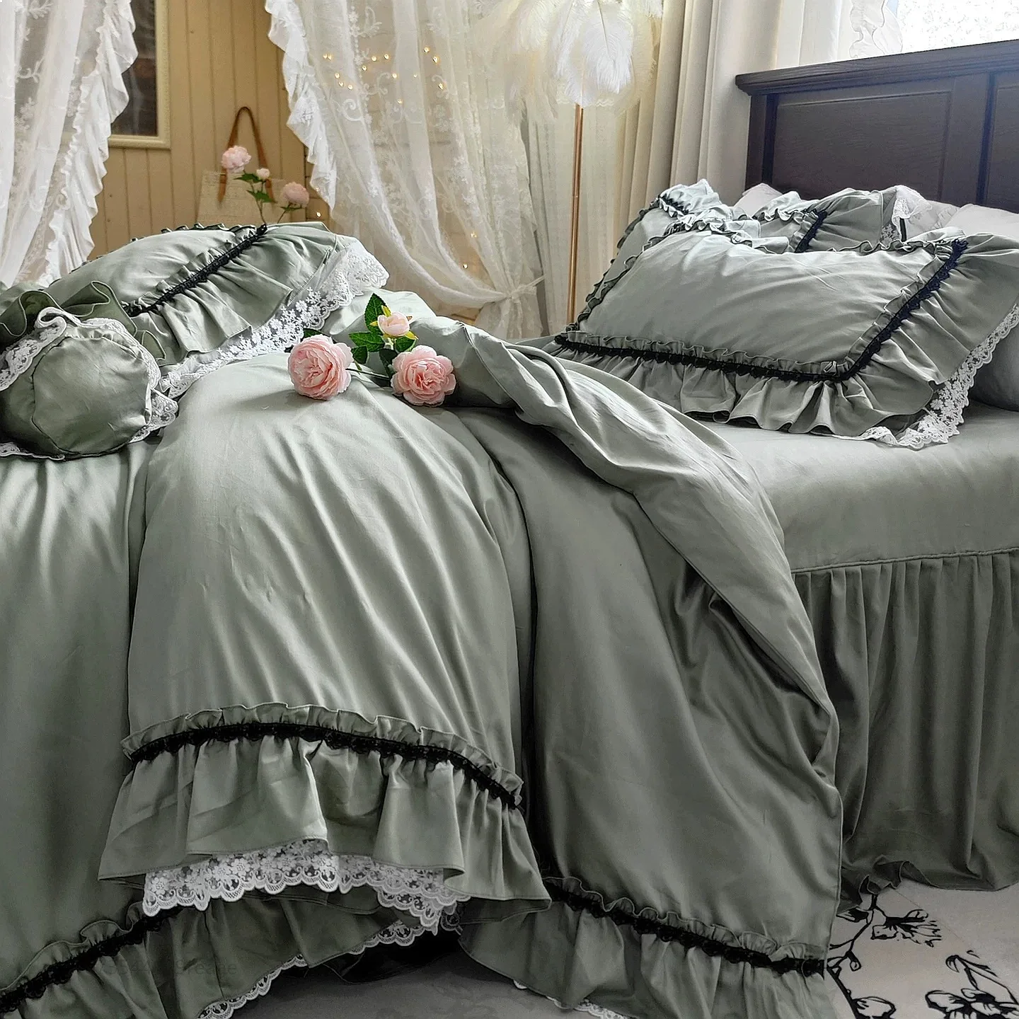 French Korean Vintage Princess Embroidered Lace Cotton Bed Skirt Set 4Pcs